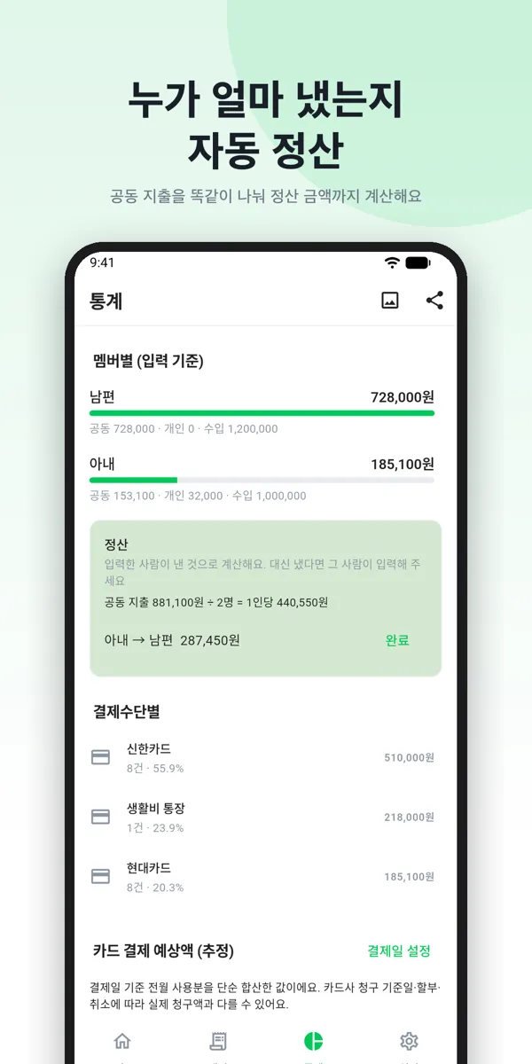통계 — 멤버별 지출과 자동 정산