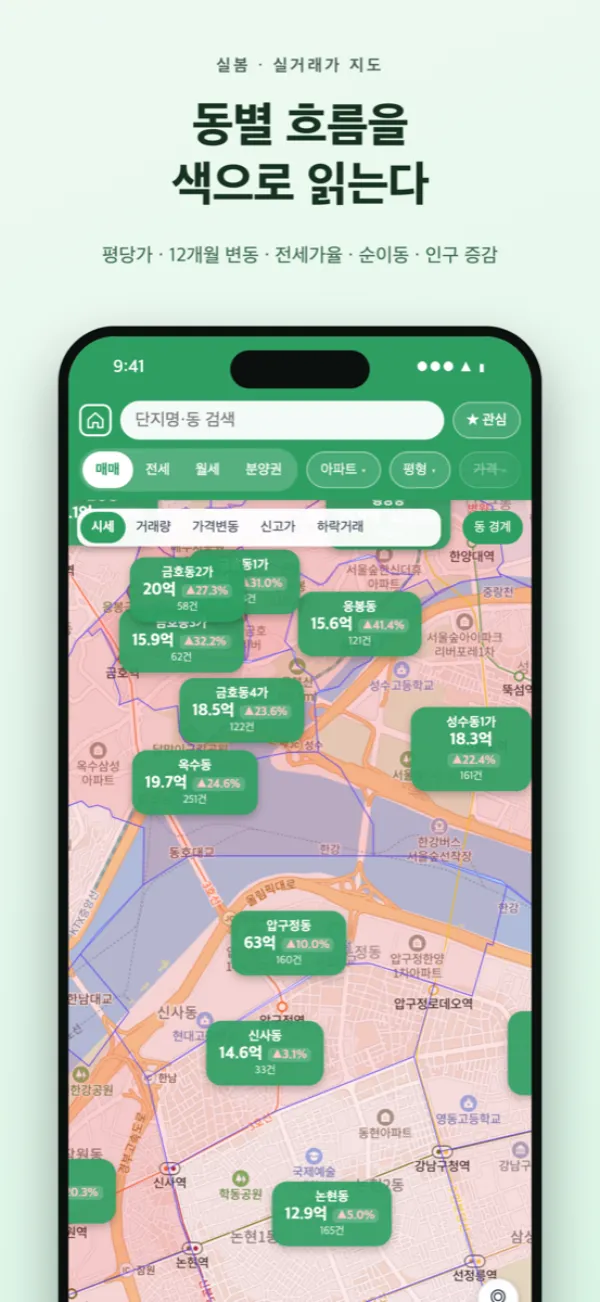 동 경계를 지표별 색으로 칠한 지도
