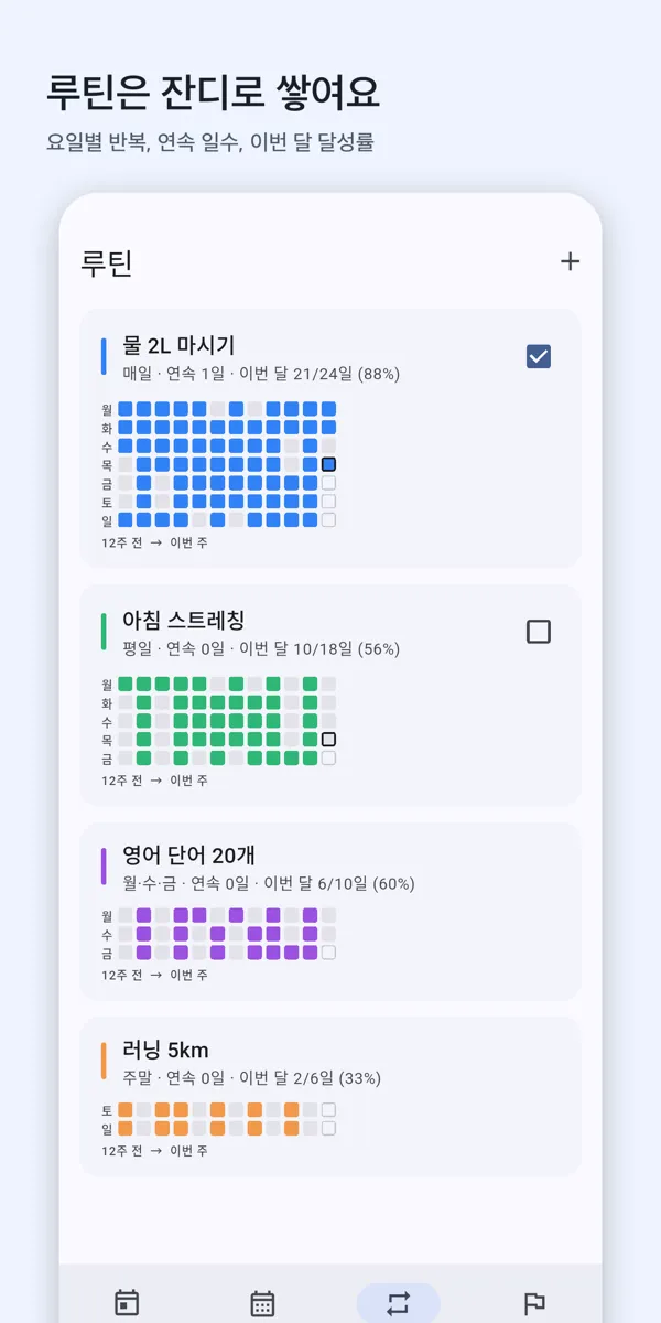 루틴 화면 — 12주 잔디와 연속 일수